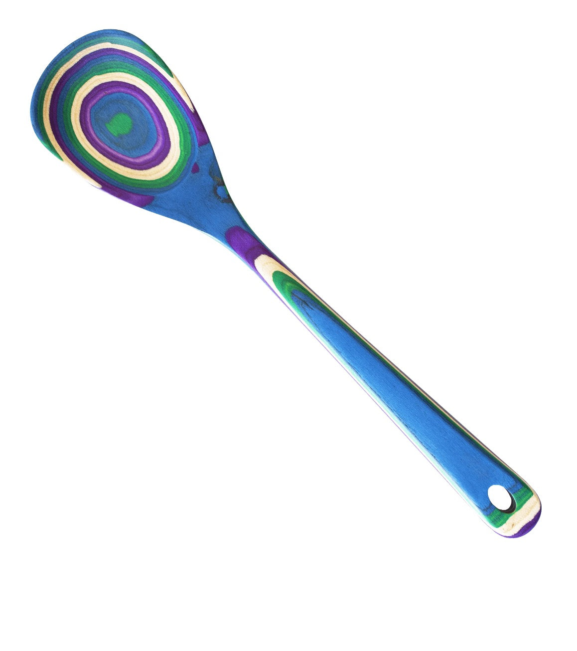 Birchwood mixing spoon in peacock colors.