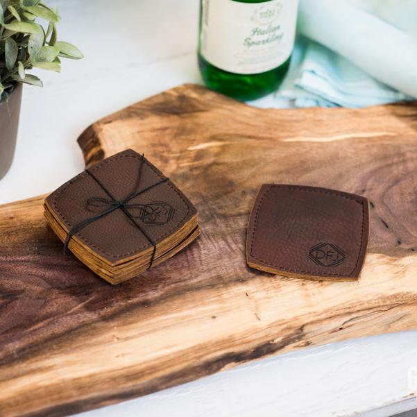 Leather Brown Coasters On Charcuterie Board