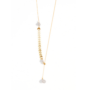 Pearl and Gold Chevron Chain Lariat Necklace