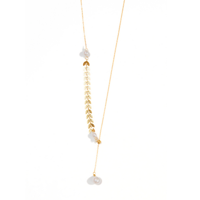 Pearl and Gold Chevron Chain Lariat Necklace