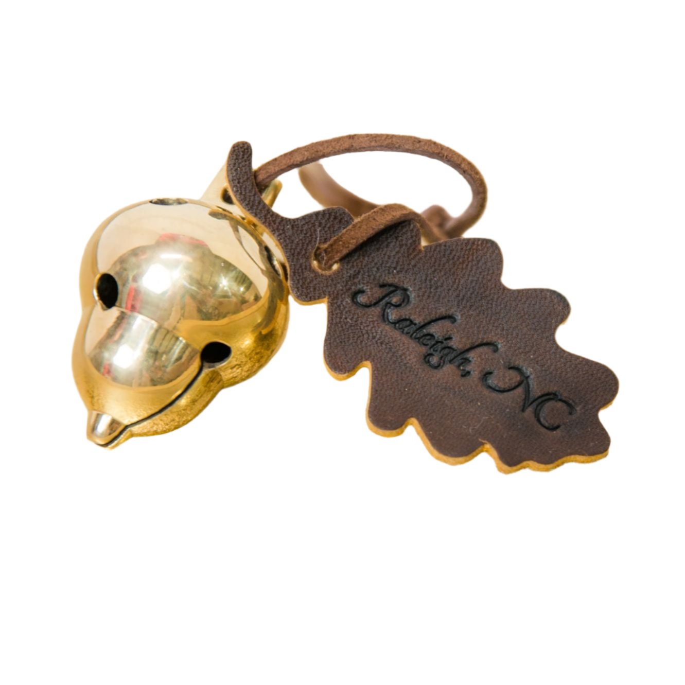 Raleigh acorn ornament with brown engraved leather leaf.