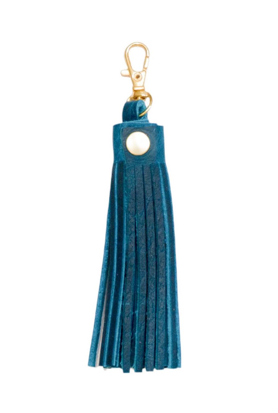 brilliant-hippie Triple Leather Keychain Tassels Gold Blue