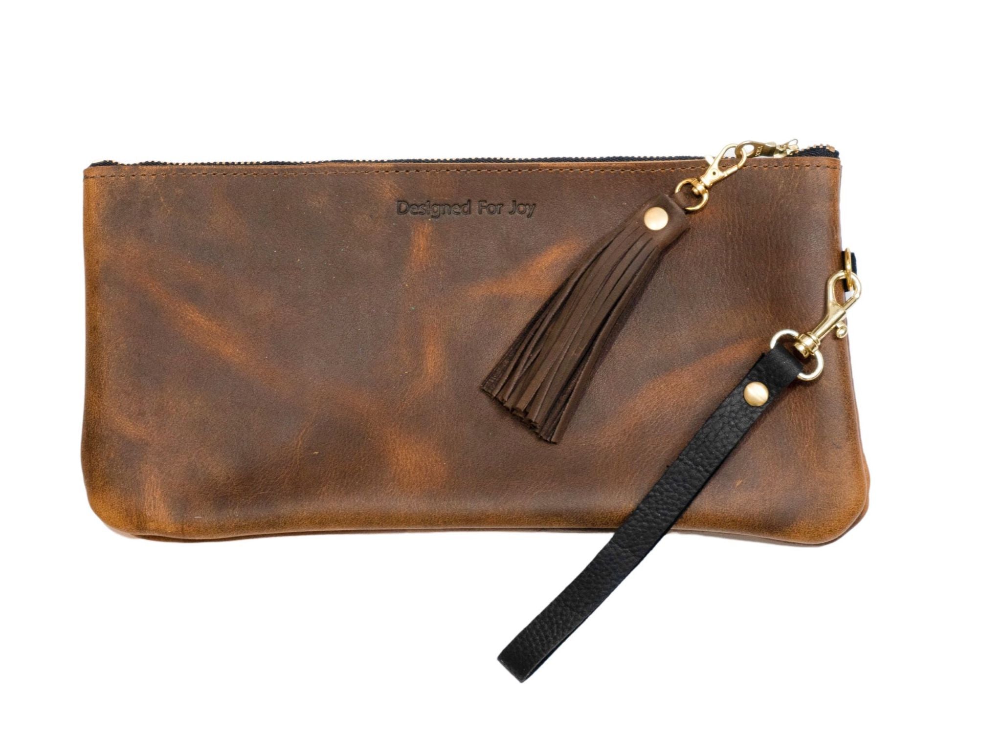 Small Full Grain Leather Clutch Bag. Brown Leather Wristlet